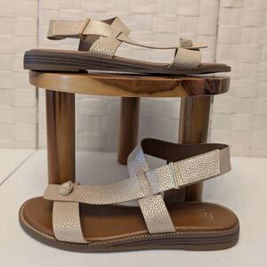 Franco Sarto Sandals,‎ Beige Metallic Leather Strappy Slingback, Casual Shoes